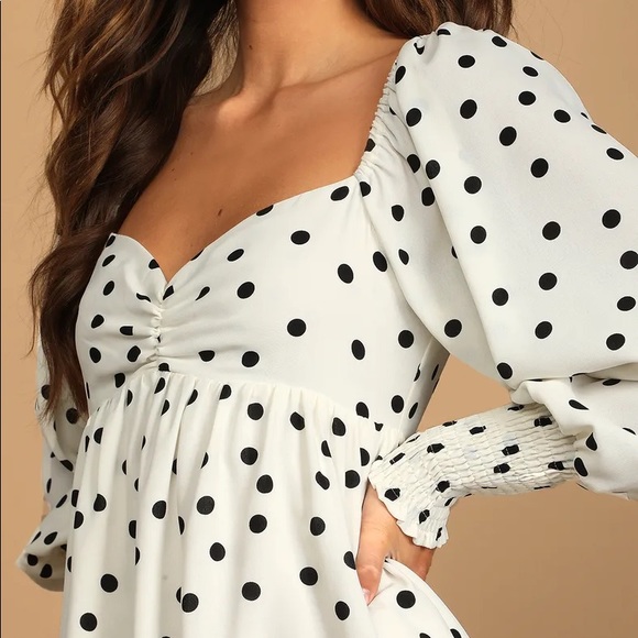 NWOT Lulus Meet Me At Our Spot White Polka Dot Long Sleeve Mini Dress Small - Picture 2 of 13
